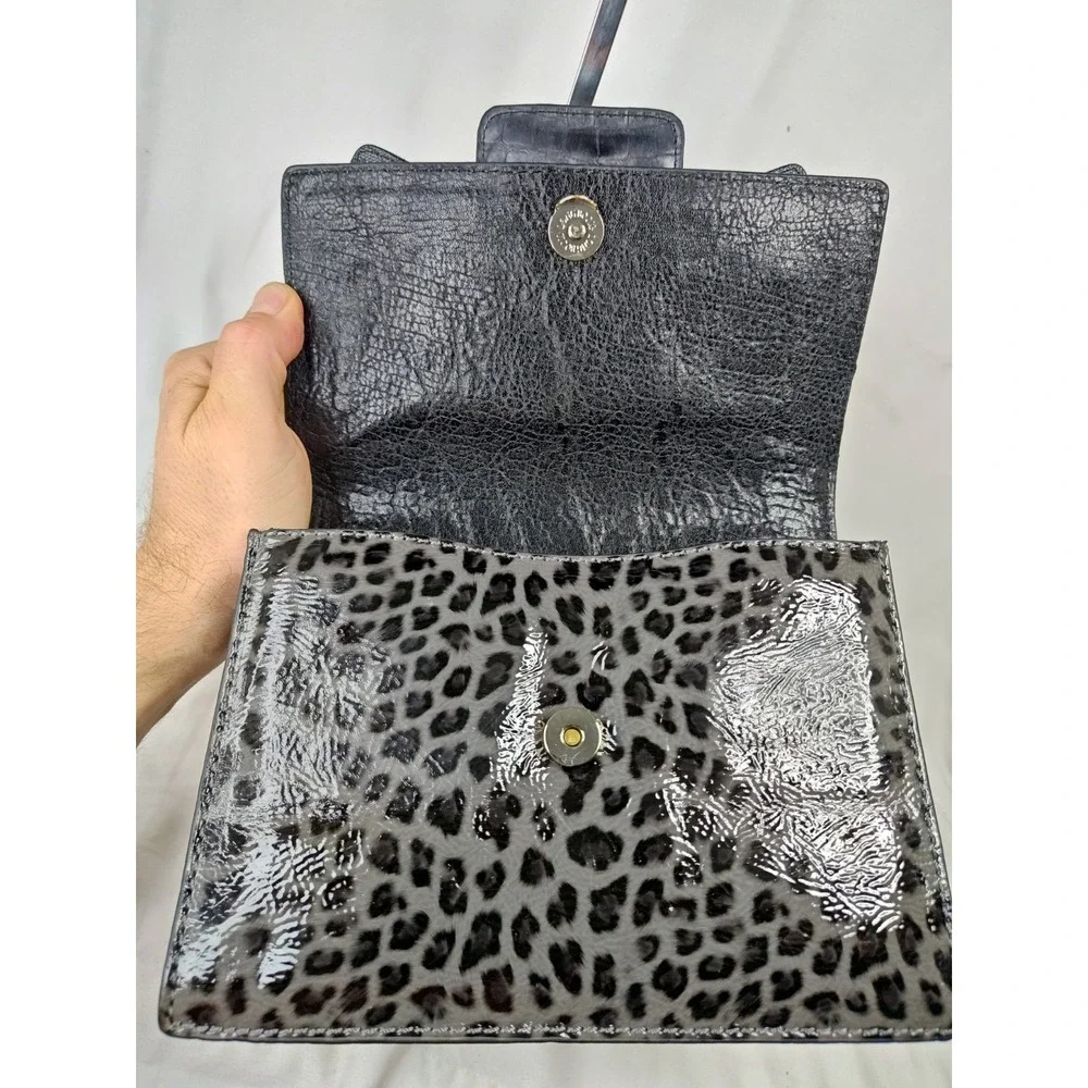 Guess Laurita LE259506 Black Leopard Print Patent Bow Flap Shoulder Handbag NWT